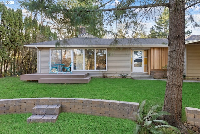 9080 SW Brier Ln, Portland, OR 97223 - rear view of property with a wooden deck, entry steps, a yard, and a chimney