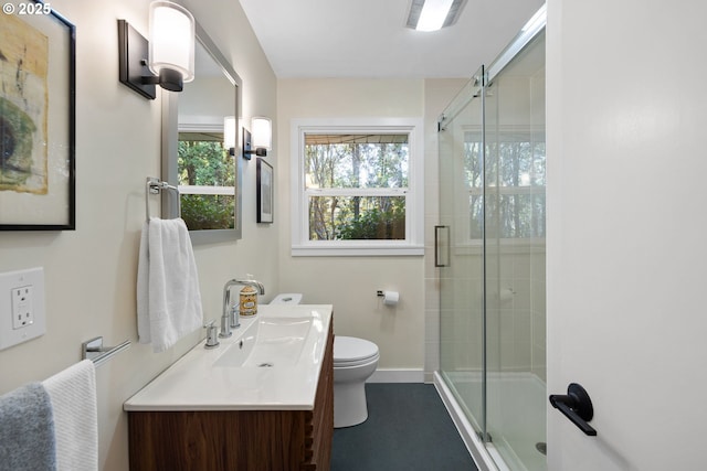 9080 SW Brier Ln, Portland, OR 97223 - full bath featuring toilet, a stall shower, vanity, and baseboards