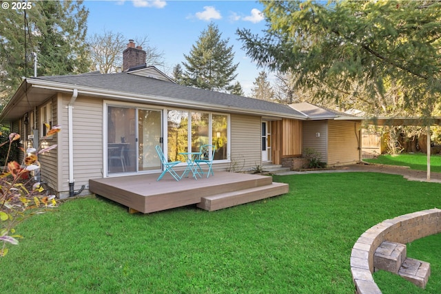 9080 SW Brier Ln, Portland, OR 97223 - back of property with a wooden deck, a chimney, and a lawn
