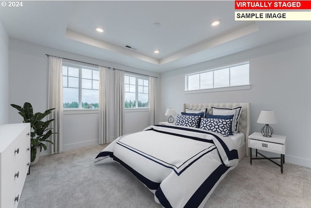 3839 S Arwana Ln, Ridgefield, WA 98642 - bedroom with recessed lighting, baseboards, light colored carpet, and a raised ceiling