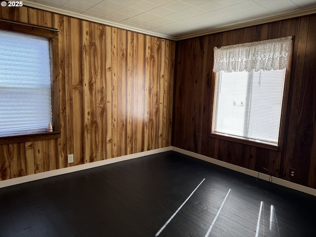 spare room featuring dark wood-style floors, wooden walls, and baseboards