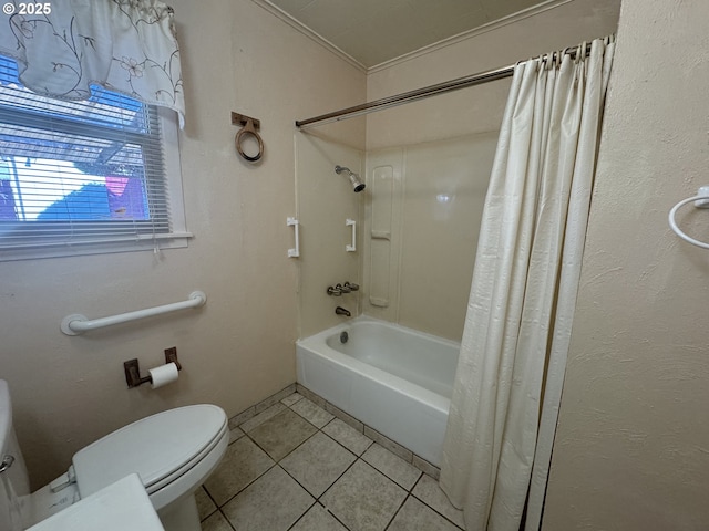 full bathroom featuring tile patterned flooring, toilet, and shower / bathtub combination with curtain