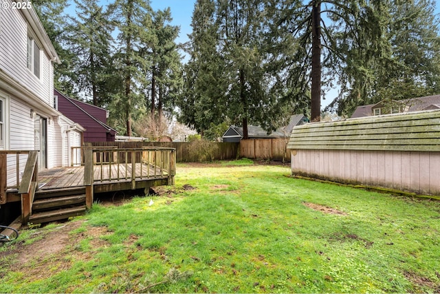 view of yard with a fenced backyard and a wooden deck