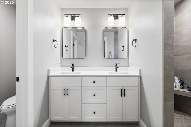 507 Honeysuckle Ln, Eugene, OR 97401 - full bath featuring double vanity, baseboards, toilet, and a walk in shower
