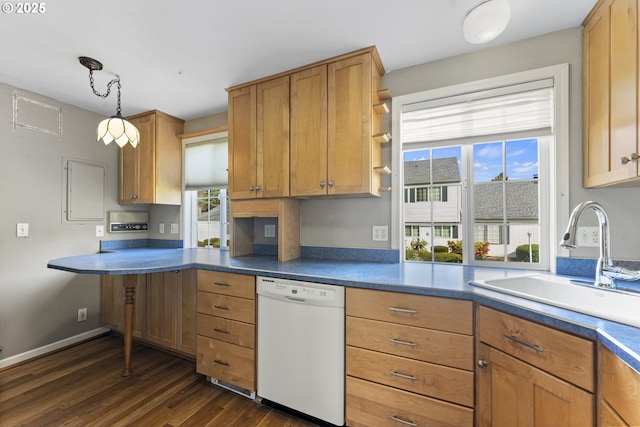 kitchen featuring hanging light fixtures, baseboards, dishwasher, a sink, and dark wood-style flooring