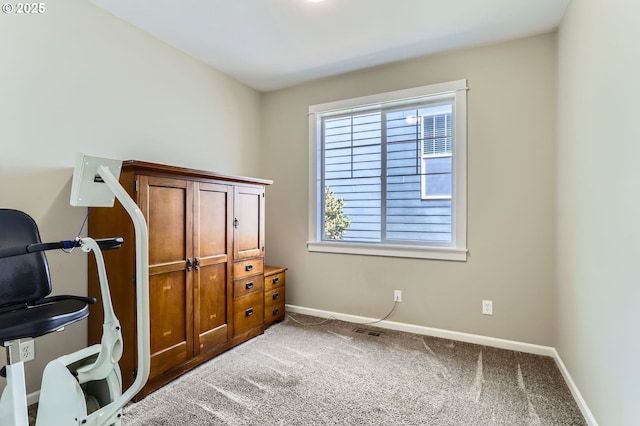 exercise area with carpet and baseboards