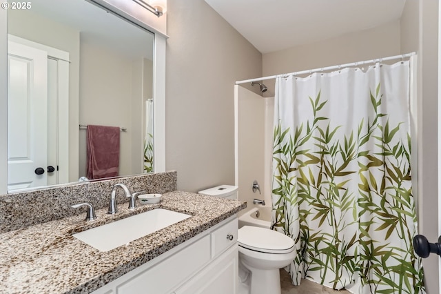 bathroom with vanity, toilet, and shower / bathtub combination with curtain