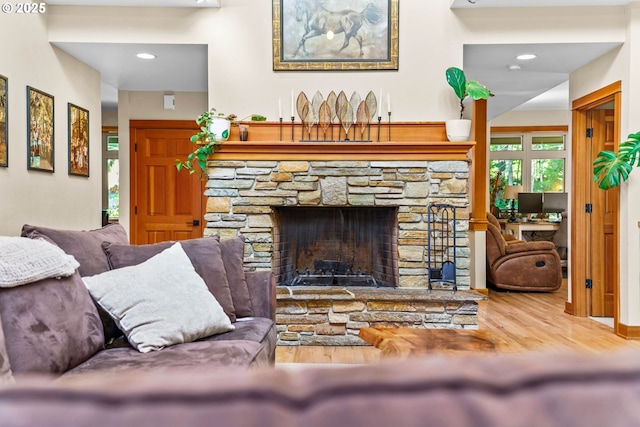 770 N Moss St, Lowell, OR 97452 - living room with wood finished floors, a fireplace, and recessed lighting