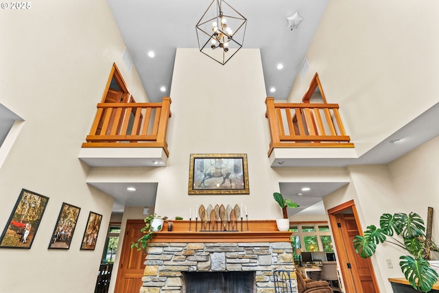 770 N Moss St, Lowell, OR 97452 - detailed view of recessed lighting, a chandelier, and a fireplace