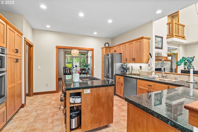 770 N Moss St, Lowell, OR 97452 - kitchen with appliances with stainless steel finishes, tile countertops, recessed lighting, a kitchen island, and a kitchen breakfast bar