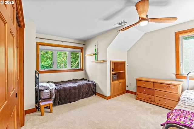 770 N Moss St, Lowell, OR 97452 - bedroom with light colored carpet, a ceiling fan, and vaulted ceiling