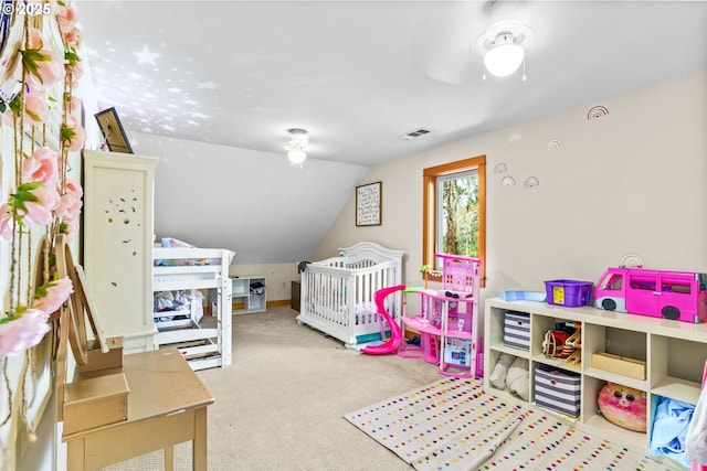 770 N Moss St, Lowell, OR 97452 - bedroom featuring vaulted ceiling, carpet floors, and ceiling fan