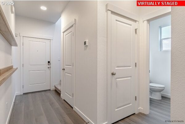 2747 Woodfern Ter Lot 57, Eugene, OR 97403 - hallway featuring wood finished floors and recessed lighting