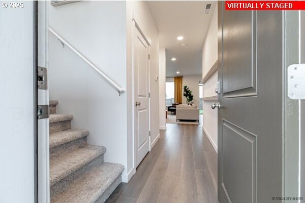 2747 Woodfern Ter Lot 57, Eugene, OR 97403 - entrance foyer featuring stairway, wood finished floors, and recessed lighting