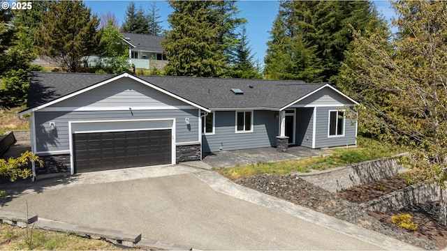 ranch-style home with asphalt driveway, an attached garage, stone siding, and a shingled roof