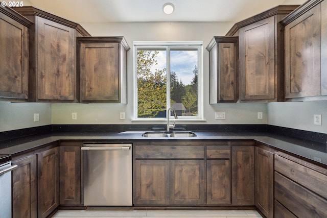 kitchen featuring stainless steel dishwasher, a sink, and dark brown cabinets