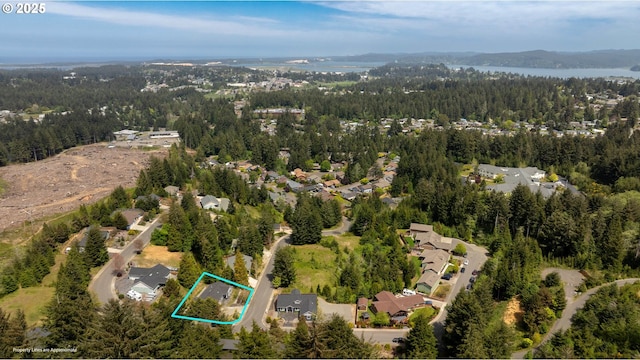 aerial view of residential area with a heavily wooded area and property parcel outlined
