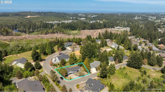 aerial perspective of suburban area featuring a forest and property boundaries highlighted