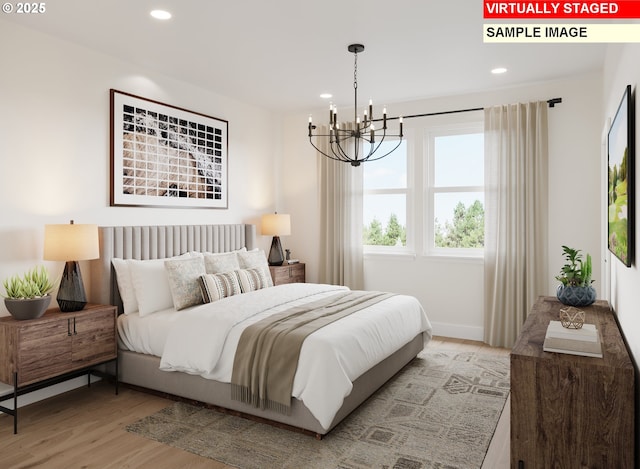 6496 NW Olympic Ln Unit L 25, Camas, WA 98607 - bedroom with a chandelier, light wood finished floors, recessed lighting, and baseboards