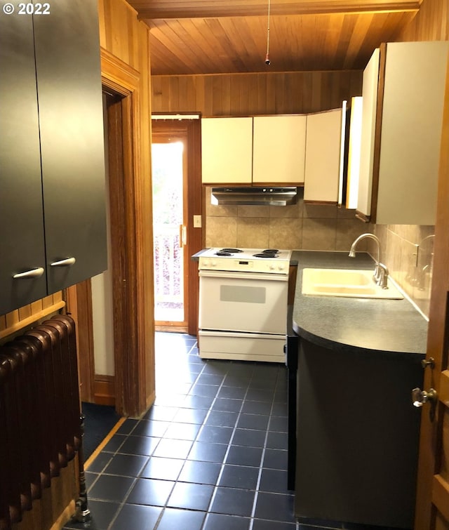 kitchen featuring white electric range, sink, tasteful backsplash, wooden ceiling, and radiator heating unit