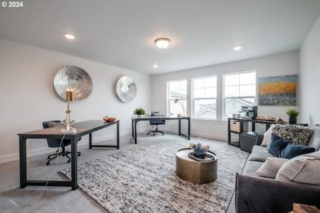 office area featuring baseboards, recessed lighting, and carpet