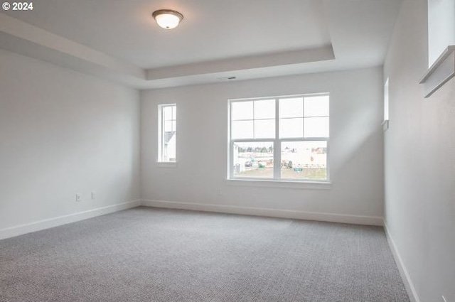 empty room featuring light carpet, a tray ceiling, and baseboards