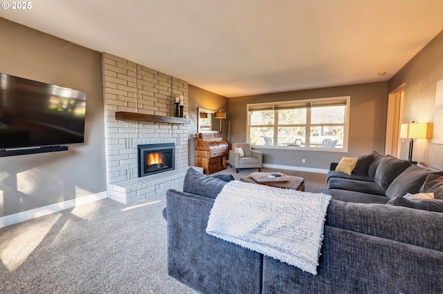 carpeted living room featuring a fireplace