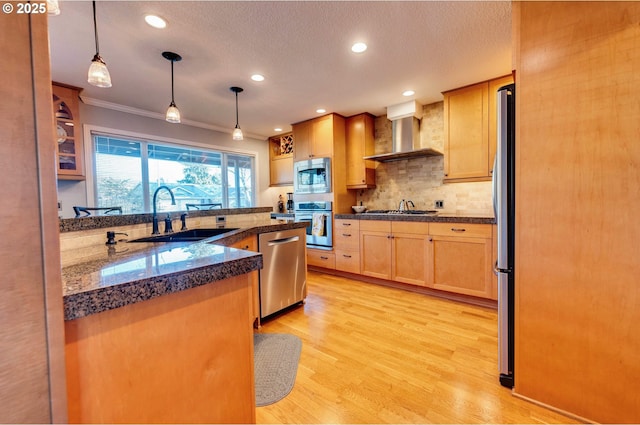 kitchen with light hardwood / wood-style flooring, stainless steel appliances, wall chimney range hood, pendant lighting, and sink