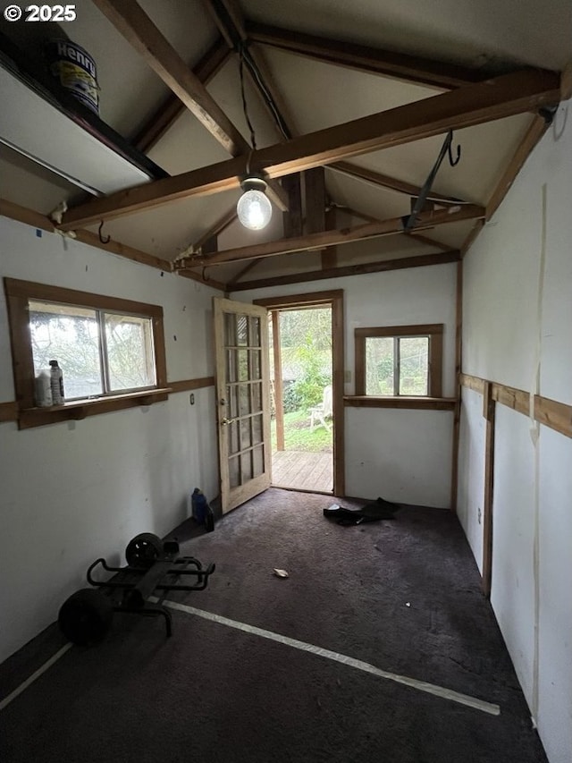 miscellaneous room featuring high vaulted ceiling, carpet, and beamed ceiling