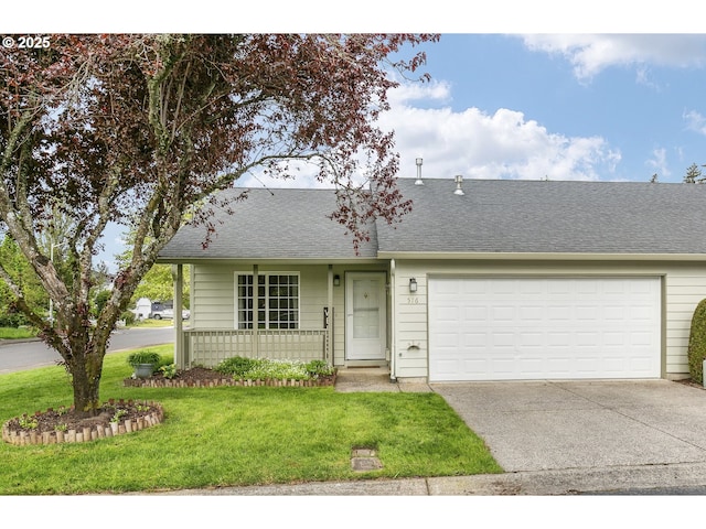 ranch-style home featuring a porch, driveway, roof with shingles, a garage, and a front lawn
