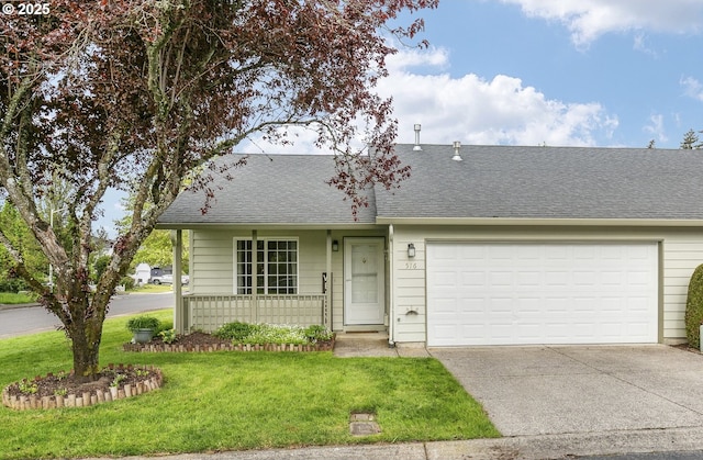 516 SE 8th Pl Unit H17, Battle Ground, WA 98604 - ranch-style home featuring a porch, driveway, roof with shingles, a garage, and a front lawn