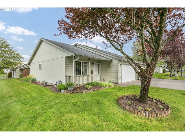 ranch-style home with an attached garage, a porch, driveway, and a front yard