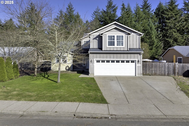 traditional-style home with a garage, concrete driveway, fence, a front lawn, and board and batten siding