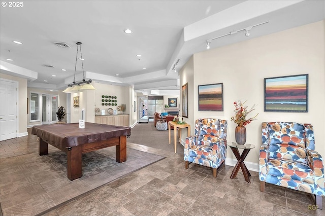 recreation room featuring billiards, recessed lighting, visible vents, and baseboards