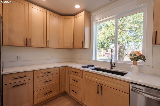 535 E St, Independence, OR 97351 - kitchen featuring stainless steel dishwasher, light countertops, light brown cabinetry, and recessed lighting