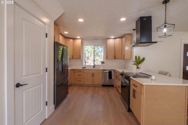 535 E St, Independence, OR 97351 - kitchen with black fridge, range with electric cooktop, stainless steel dishwasher, extractor fan, and light brown cabinets