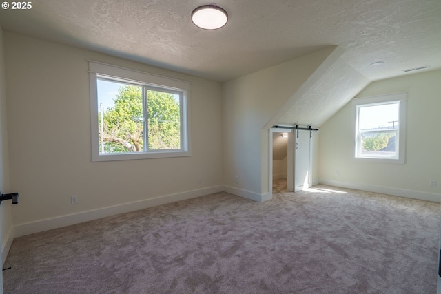 535 E St, Independence, OR 97351 - additional living space featuring a textured ceiling, a barn door, vaulted ceiling, and carpet