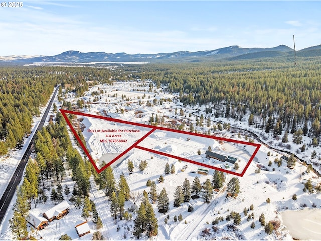 snowy aerial view with a mountain view and a forest view