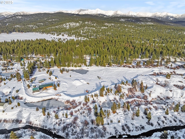 snowy aerial view featuring a mountain view and a wooded view