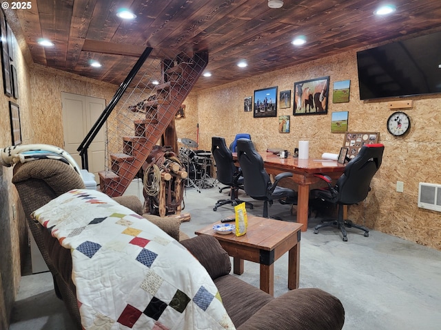 interior space featuring visible vents, recessed lighting, wood ceiling, and concrete flooring