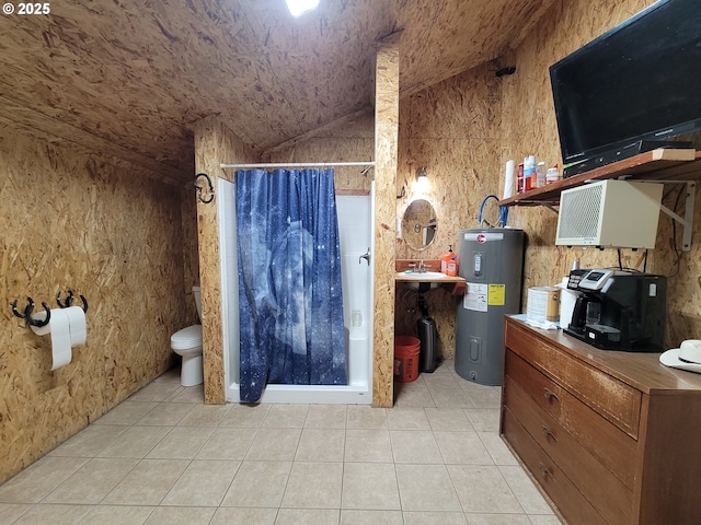 full bath with toilet, tile patterned floors, a shower stall, lofted ceiling, and electric water heater