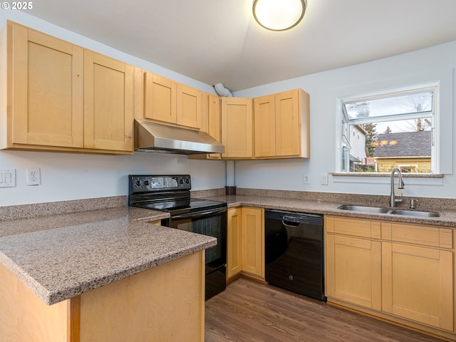 kitchen featuring light stone counters, light brown cabinetry, black appliances, dark hardwood / wood-style flooring, and sink