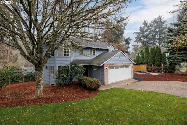 front facade featuring a garage and a front lawn