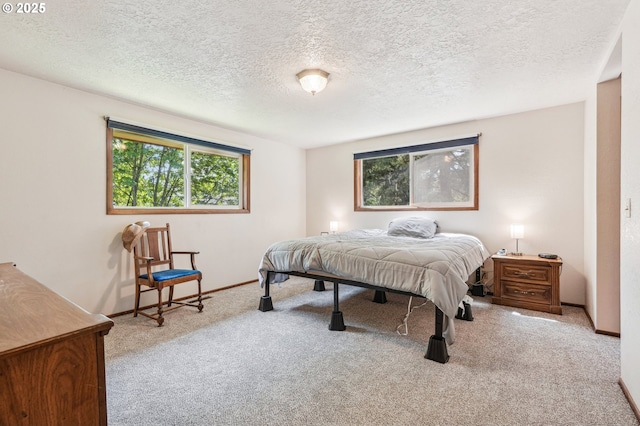bedroom featuring baseboards, carpet flooring, and a textured ceiling