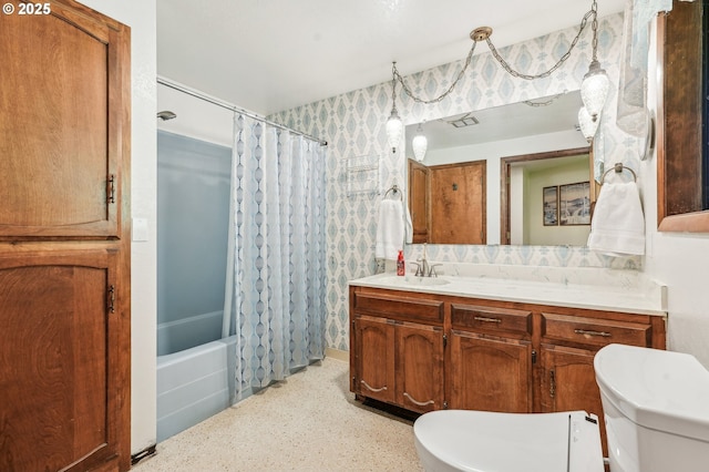 full bathroom featuring vanity, toilet, wallpapered walls, and shower / bath combo with shower curtain