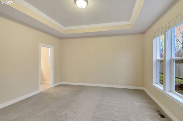 empty room with light colored carpet, a tray ceiling, and crown molding