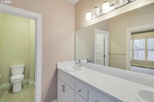 bathroom featuring toilet, vanity, and tile patterned floors