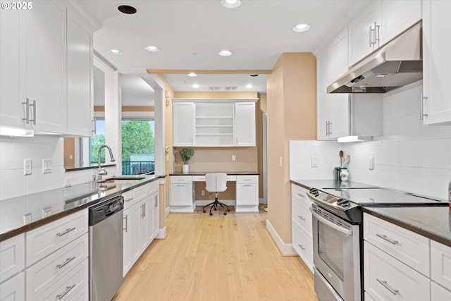 kitchen with appliances with stainless steel finishes, under cabinet range hood, open shelves, a sink, and white cabinetry