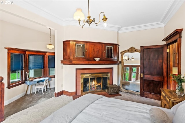 1111 NW 25th Ave Unit 1, Portland, OR 97210 - bedroom featuring carpet flooring, ornamental molding, a chandelier, baseboards, and a tile fireplace