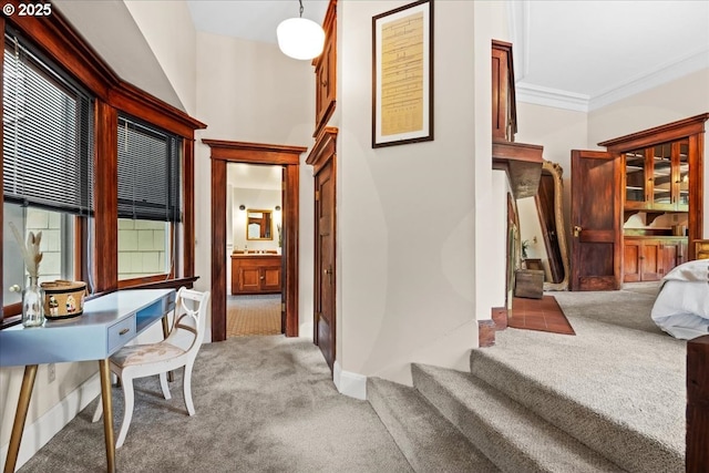 1111 NW 25th Ave Unit 1, Portland, OR 97210 - corridor featuring carpet floors, ornamental molding, stairs, and baseboards